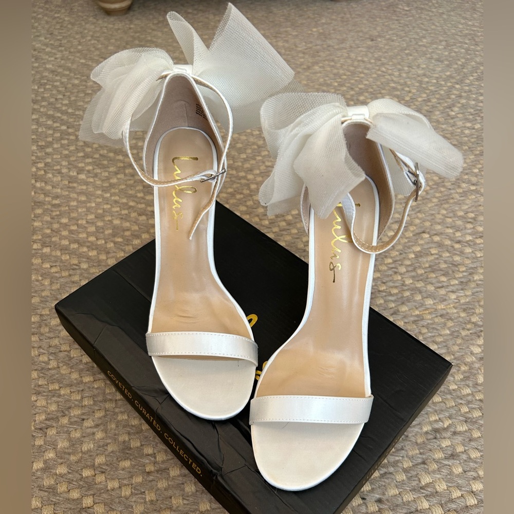 Lulus Ayanna Ivory Satin Bow Ankle Strap High Heel Sandals